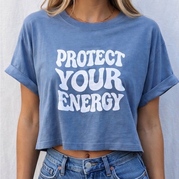 Life Clothing Co Tops - Life Clothing Co Protect Your Energy Blue Cropped Graphic Tee M